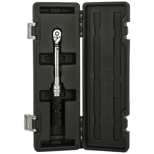 STANLEY STMT73587-8 torque wrench in black hard case, top view.