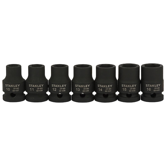 Photo of STANLEY STMT73916-8 set of seven black impact sockets, sizes 10 to 16 mm, lined up on white background.