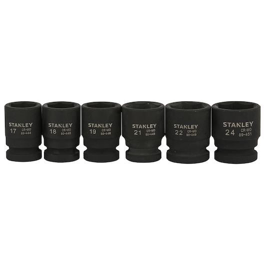 STANLEY STMT73916-8 set of six black impact sockets in sizes 17 to 24mm, product front view on white background.