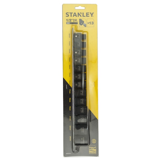 STANLEY STMT73916-8 socket set in retail packaging, front angle, shows 13 metric sockets.
