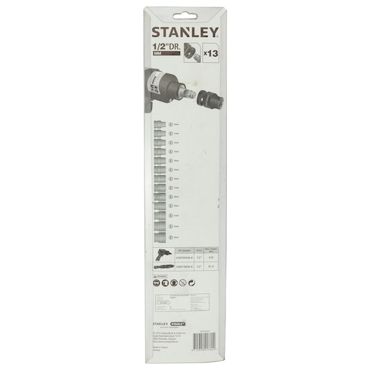 STANLEY STMT73916-8 socket set packaging photo, showing 13 sockets and specifications, rear angle.