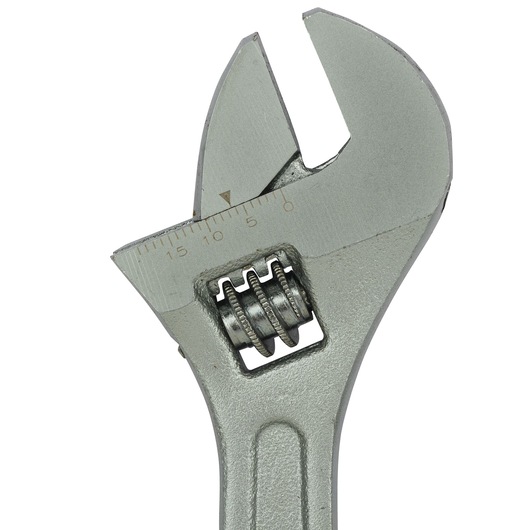 Stanley STMT87431-8 adjustable wrench close-up on white background, showing measurement scale and adjustment wheel.