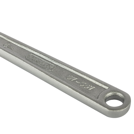 Photo of STANLEY STMT87431-8 spanner handle, silver finish, close-up, with embossed branding and SKU.