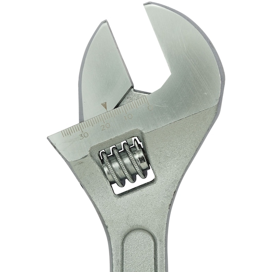 Photo of STANLEY STMT87434-8 adjustable wrench, silver metal, close-up, white background.