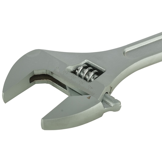 STANLEY STMT87435-8 adjustable wrench, silver, close-up angled view on white background.