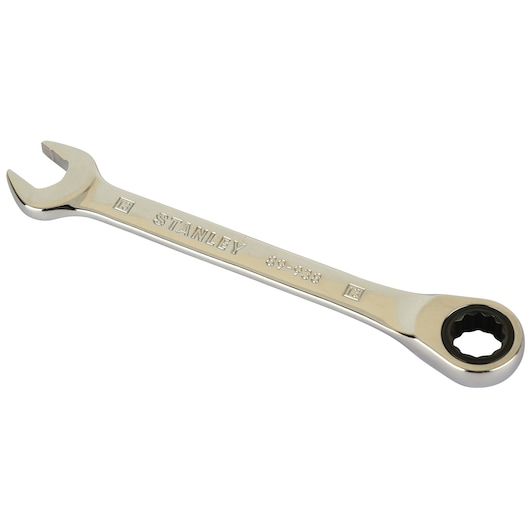 Photo of STANLEY STMT89938-8B combination ratcheting wrench, chrome finish, angled on white background.