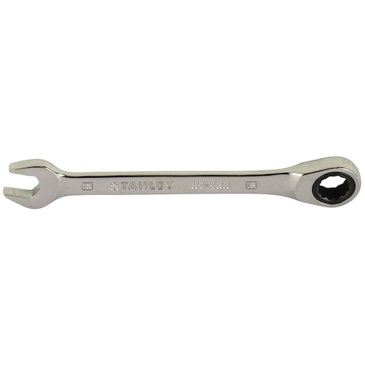 STANLEY STMT89938-8B ratcheting combination wrench, silver, side view, on white background.