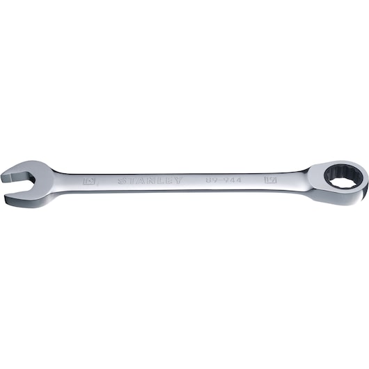 Photo of STANLEY STMT89944-8B combination wrench with open-end and box-end, silver finish, side view on white background.