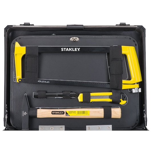 STANLEY STMT98109-1 tool set with hacksaw, hammer, utility knife, and flashlight in black case, top view.