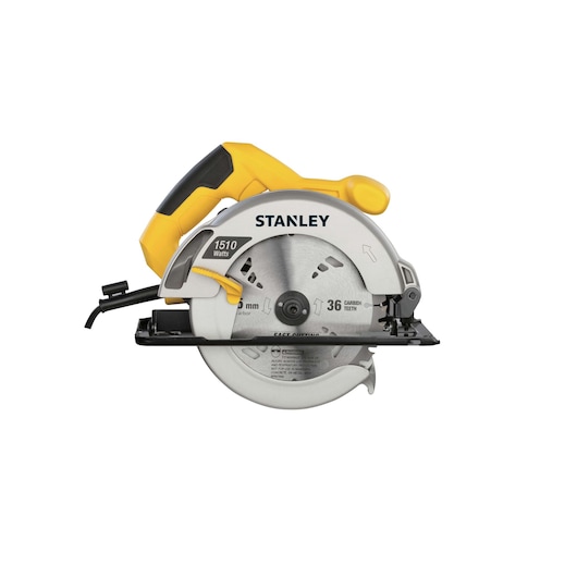 Photo of STANLEY STSC1518 circular saw with yellow and black handle, silver blade, front angle, photography.