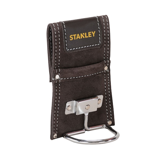 STANLEY STST1-80117 brown suede leather hammer holder, silver metal bracket, front angle photo.