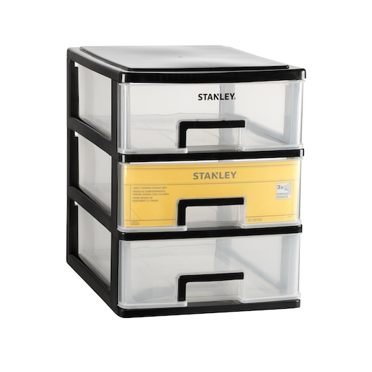 STANLEY STST40710-1 three-drawer storage unit, black and clear plastic, product photo, front angle.