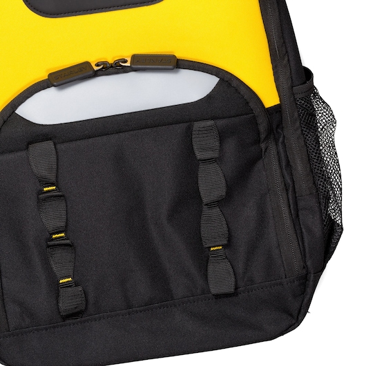 STANLEY STST515155 photography of black and yellow backpack front pocket with black loops, close-up angle.