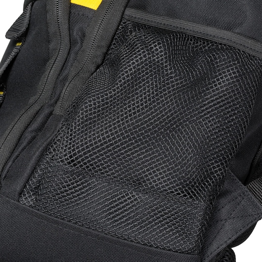 STANLEY STST515155 backpack close-up showing black mesh side pocket, product photography, angled view.