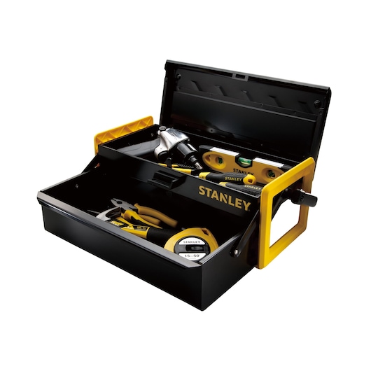 STANLEY STST73097-8 black metal toolbox with yellow handle, filled with assorted hand tools, front angle.