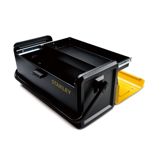 STANLEY STST73100-8 black metal toolbox with open compartments and yellow tray, angled front view.