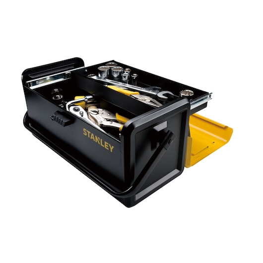 STANLEY STST73100-8 black metal toolbox with yellow accents, open to show organized tools, angled view.