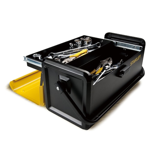 Stanley STST73100-8 black steel toolbox with yellow lid, front angle, filled with assorted hand tools.