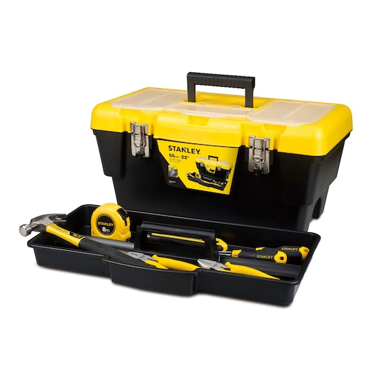 STANLEY STST74304-8 toolbox set with yellow and black case, open to show assorted hand tools, front angle.
