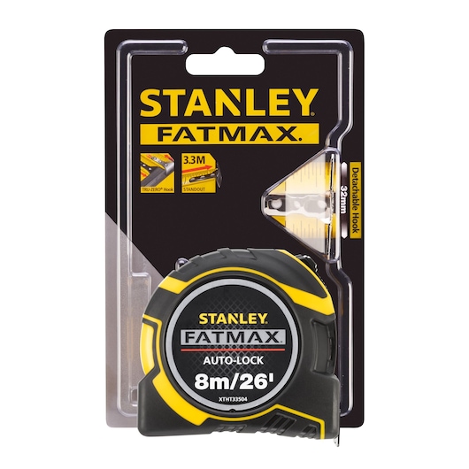 STANLEY XTHT0-33504 FATMAX auto-lock 8m/26' tape measure in black and yellow, photography, front angle in packaging.
